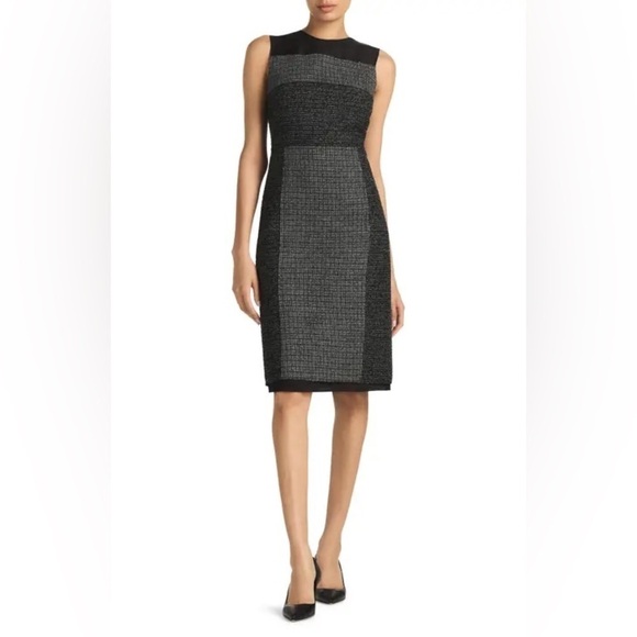 NWT $1595 ST. JOHN Micro Tweed Sheath Dress in Gray/Black/Ecru Size 12 - Picture 1 of 16